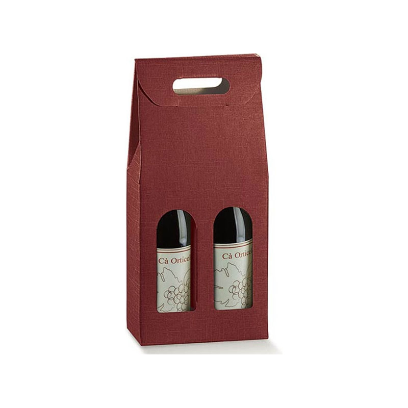 Scatola per due bottiglie in cartoncino con maniglia bordeaux