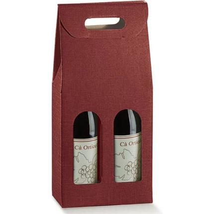 Scatola per due bottiglie in cartoncino con maniglia bordeaux Scatola per due bottiglie in cartoncino con maniglia bordeaux
