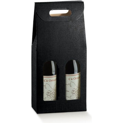 Scatola per due bottiglie in cartoncino con maniglia nero Scatola per due bottiglie in cartoncino con maniglia nero