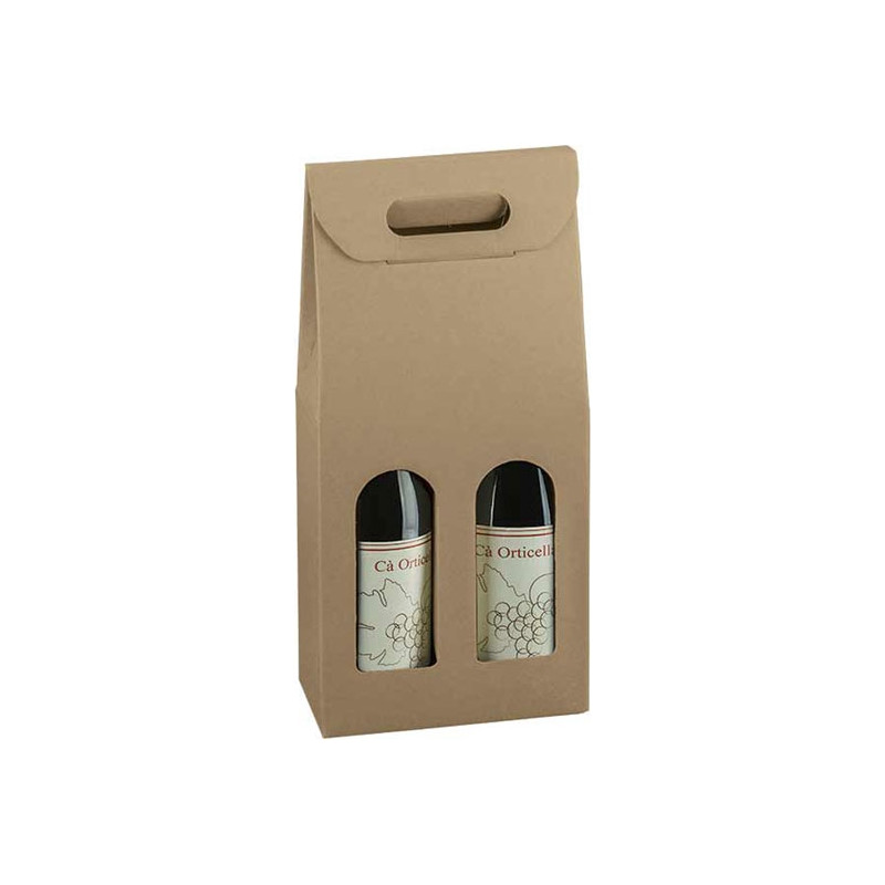 Scatola per due bottiglie in cartoncino con maniglia avana