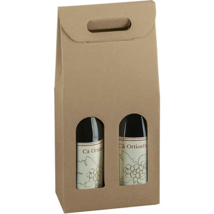 Scatola per due bottiglie in cartoncino con maniglia avana Scatola per due bottiglie in cartoncino con maniglia avana