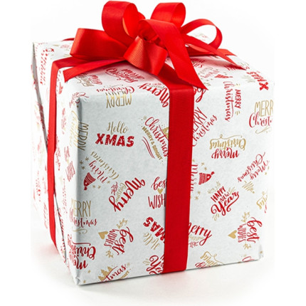 Bobina carta regalo con fantasia scritte. Disponibile in rosso e nero. Vendita all'ingrosso e online