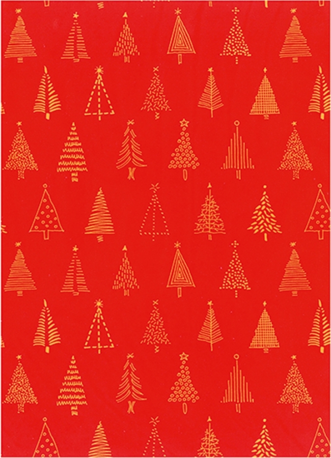 Bobina carta regalo rossa con stampa pini oro