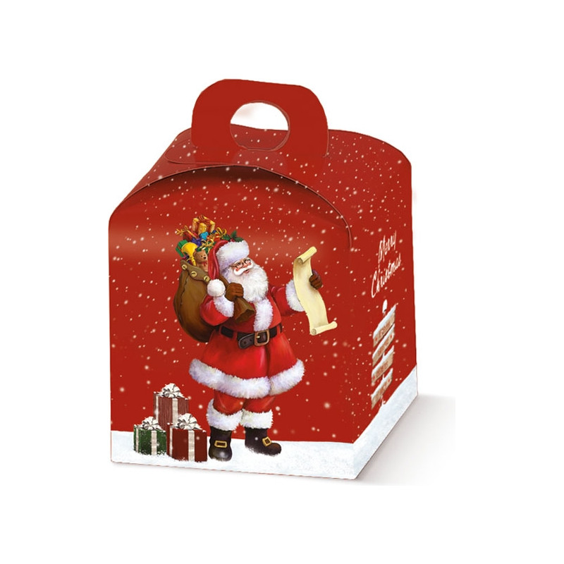 Scatola per mini panettone con manico 100Gr fantasia arriva Babbo Natale