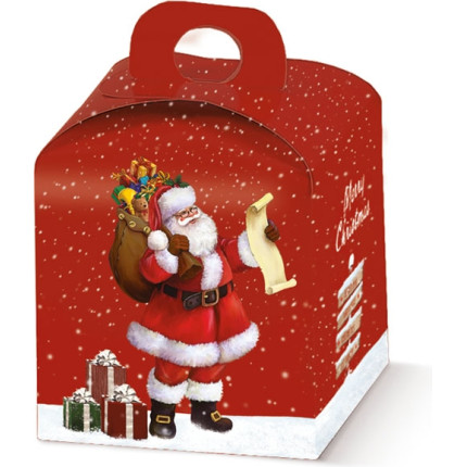 Scatola per mini panettone con manico 100Gr fantasia arriva Babbo Natale Scatola per mini panettone con manico 100Gr fantasia arriva Babbo Natale