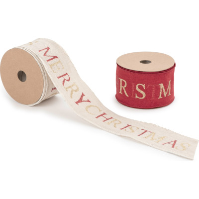 Nastro in cotone con stampa scritta Merry Christmas, disponibile in rosso e avorio. Vendita all'ingrosso e online
