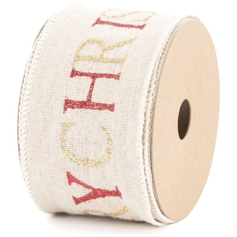 Nastro in cotone con stampa scritta Merry Christmas, disponibile in rosso e avorio. Vendita all'ingrosso e online