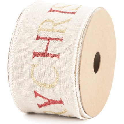 Nastro in cotone con stampa scritta Merry Christmas, disponibile in rosso e avorio. Vendita all'ingrosso e online