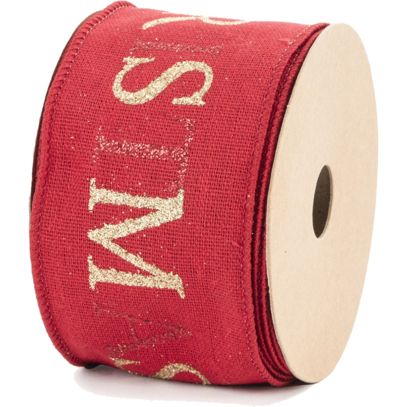 Nastro in cotone con stampa scritta Merry Christmas, disponibile in rosso e avorio. Vendita all'ingrosso e online
