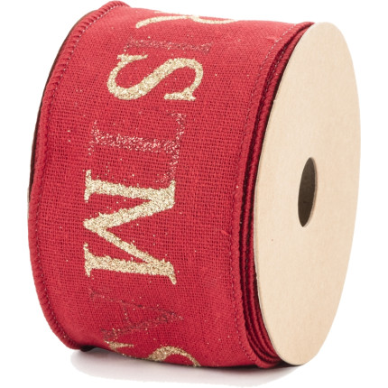 Nastro in cotone con stampa scritta Merry Christmas, disponibile in rosso e avorio. Vendita all'ingrosso e online