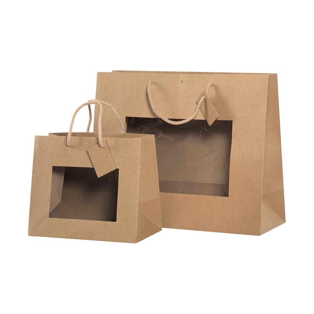 Shopper in carta kraft con finestra e cordino in cotone - Vendita online all'ingrosso b2b