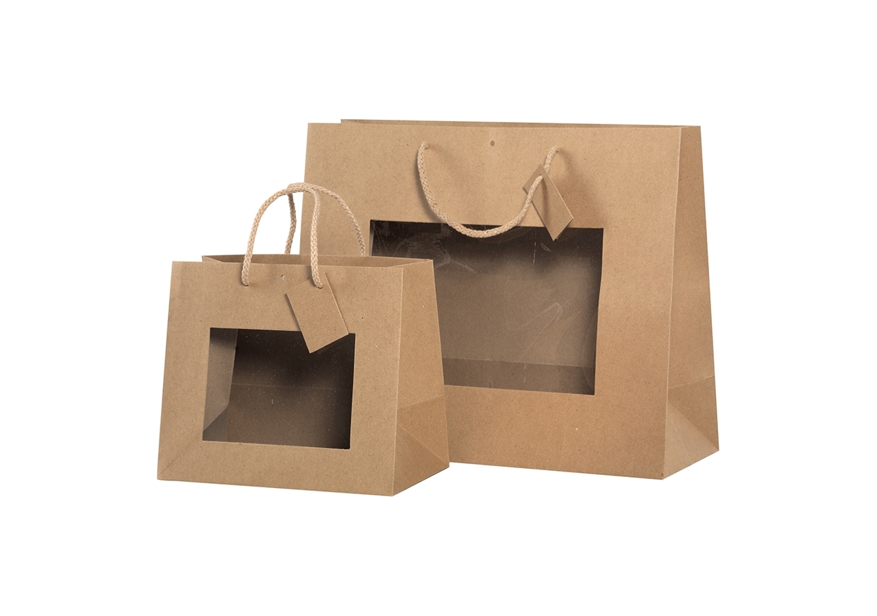 Shopper in carta kraft con finestra e cordino in cotone - Vendita online all'ingrosso b2b