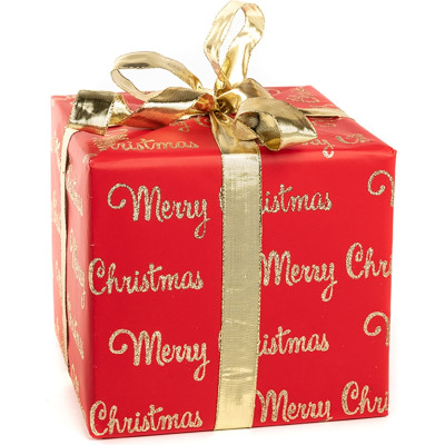 Carta da regalo glitterata rossa con stampa scritte color oro