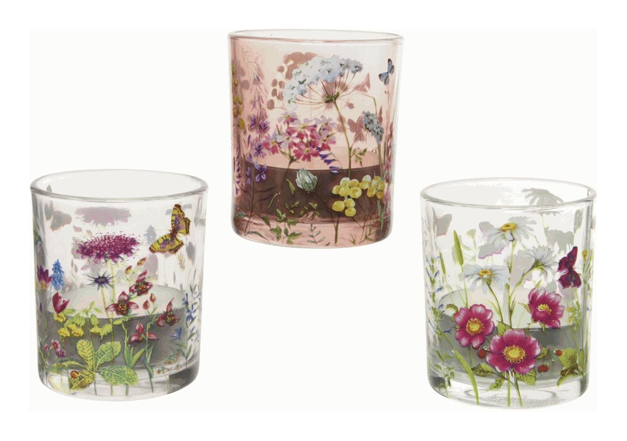 Porta tealight in vetro con decoro fiori