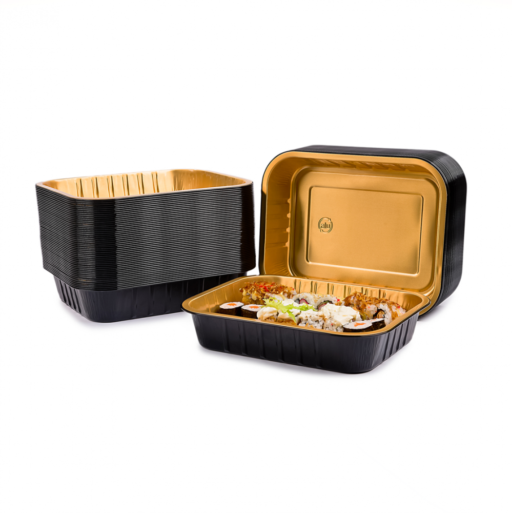 Vaschette in Alluminio Laccato Nero Oro - Incartare Ingrosso Online b2b 236x185x45mm