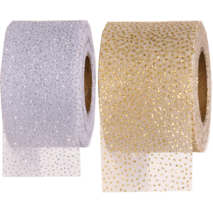 Nastro in tulle glitter puntinato- Disponibili in avorio e bianco. vendita all'ingrosso e on-line