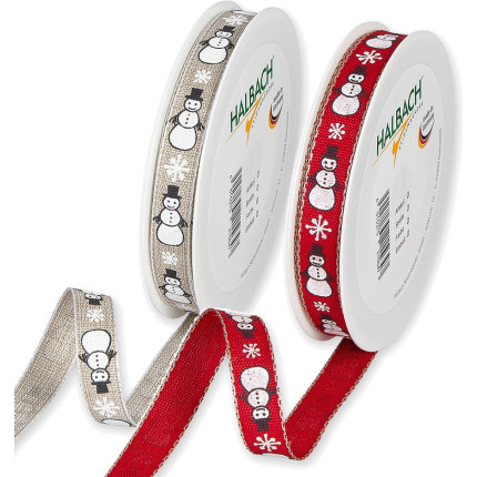 Nastro in tela con fantasia pupazzi di neve, disponibile in rosso ed ecrù- Vendita all'ingrosso e online