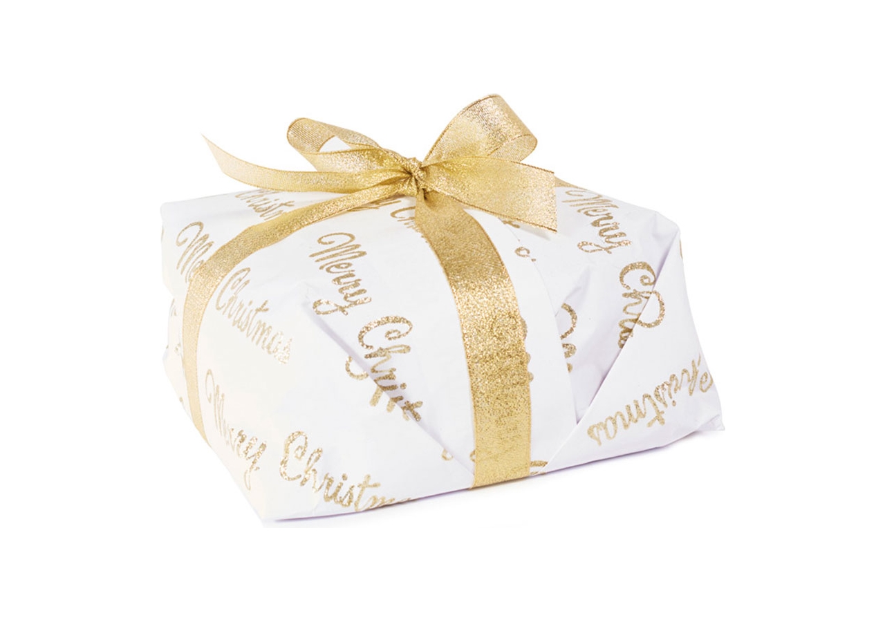 Carta da regalo glitterata bianca con scritte oro, confezione da 10 fogli. Vendita all'ingrosso e online