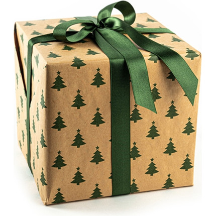 Carta regalo kraft con stampa alberelli verdi. Disponibile in bobina e a fogli. Vendita all'ingrosso e online.
