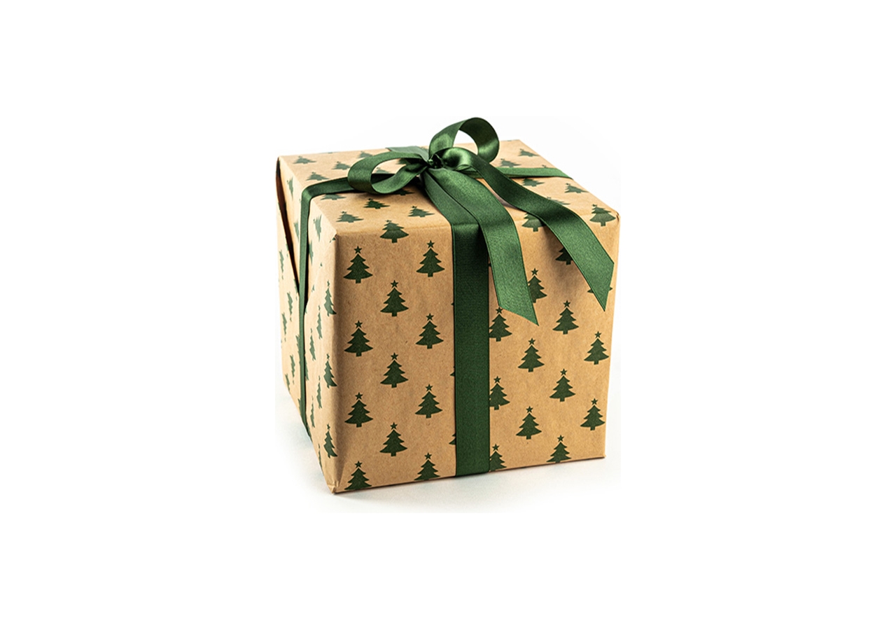 Carta regalo kraft con stampa alberelli verdi. Disponibile in bobina e a fogli. Vendita all'ingrosso e online.