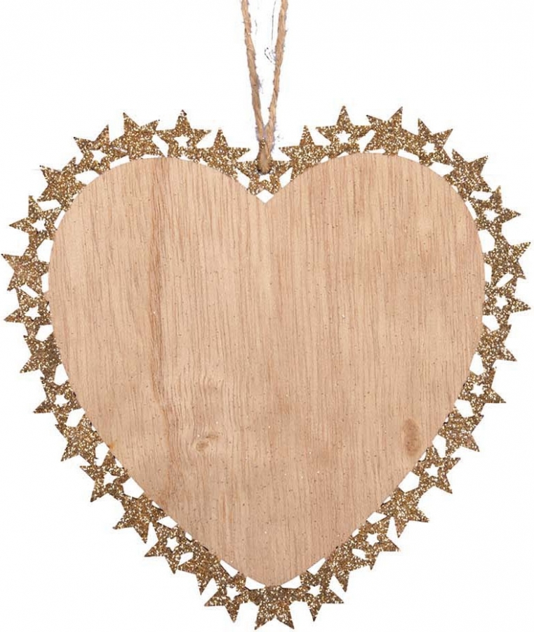 Pendente cuore legno con bordo oro 12cm (8 pezzi)