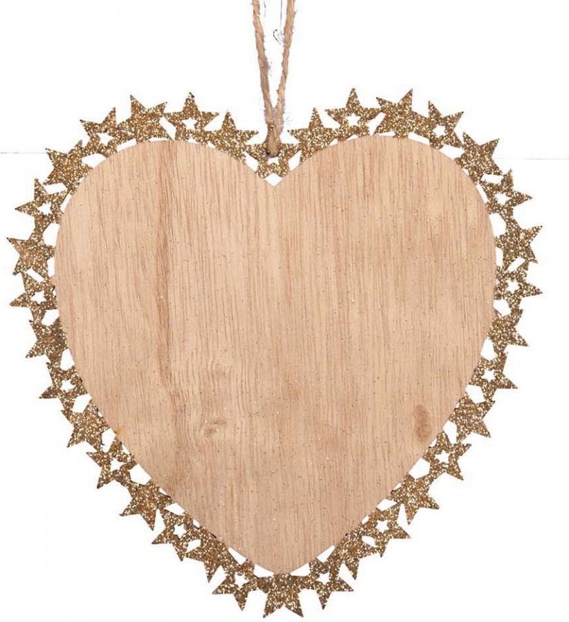 Pendente cuore legno con bordo oro 18cm (6 pezzi)
