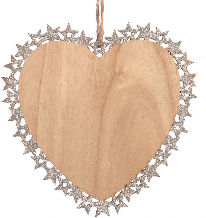 Pendente cuore legno con bordo argento 12cm (8 pezzi)