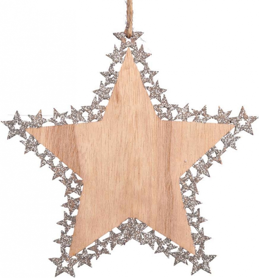 Pendente stella legno con bordo argento 18cm (6 pezzi)