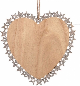 Pendente cuore legno con bordo argento 18cm (6 pezzi)