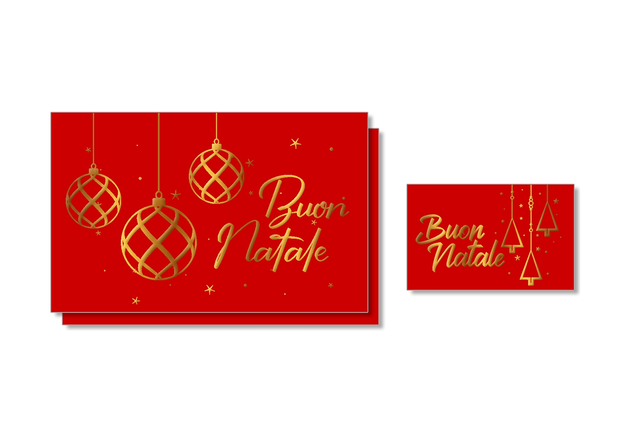 Biglietto rosso con scritta Buon Natale in oro. Confezione da 5 pezzi assortiti
