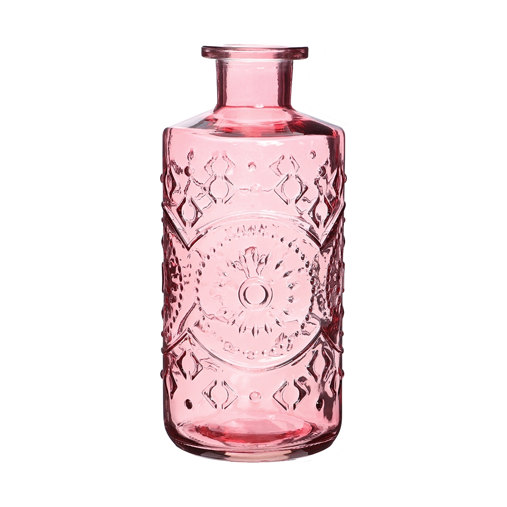 Bottiglia rosa in vetro lavorato