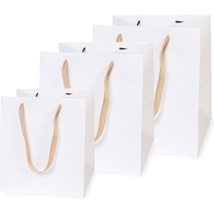 25 Borse Shopper In Carta Lucida Plastificata, Manici In Corda Di Cotone, Fondo Rettangolare, Colore Bianco, 130gr/m²