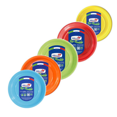 Piatti piani in plastica colorati riutilizzabili (25 pezzi)