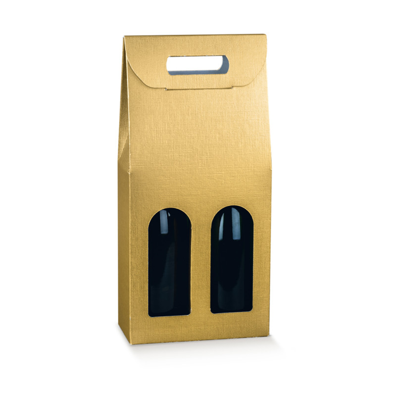 Scatola per due bottiglie in cartoncino con maniglia oro
