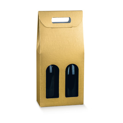 Scatola per due bottiglie in cartoncino con maniglia oro Scatola per due bottiglie in cartoncino con maniglia oro