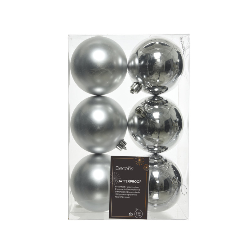 Palline per Albero di Natale argento 8cm (6 pezzi)