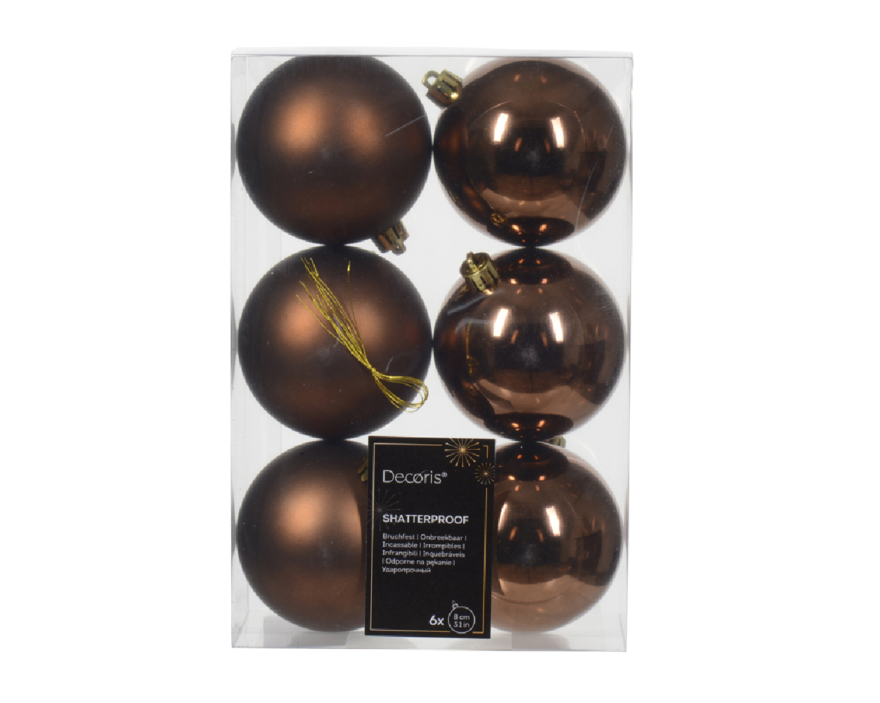 Palline per Albero di Natale marrone 8cm (6 pezzi)