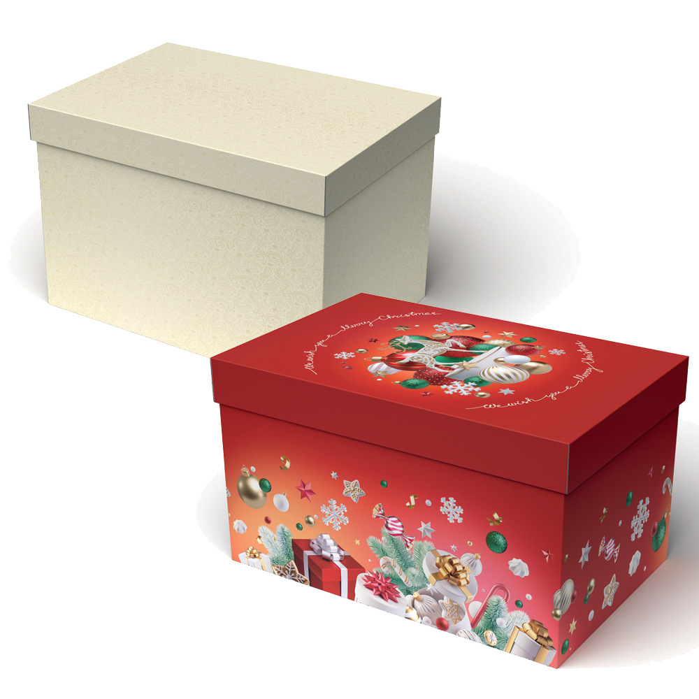 Scatola con Coperchio Natalizia - Avorio floreale e Rosso Natale