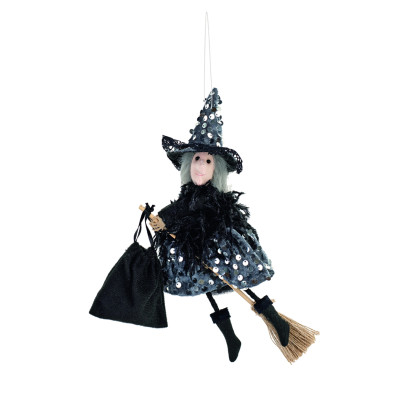 Befana volante paiettes grigie con sacco
