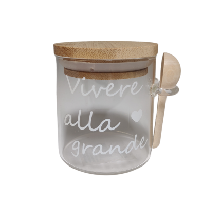Barattolo con cucchiaino in legno e scritta