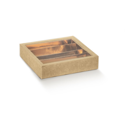 Scatola per cioccolatini avana con coperchio trasparente. Incartare Scatola per cioccolatini avana con coperchio trasparente. Incartare