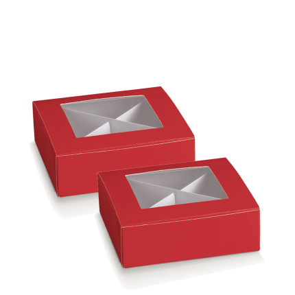 Scatola porta confetti con finestra e divisori lino rosso Scatola porta confetti con finestra e divisori lino rosso