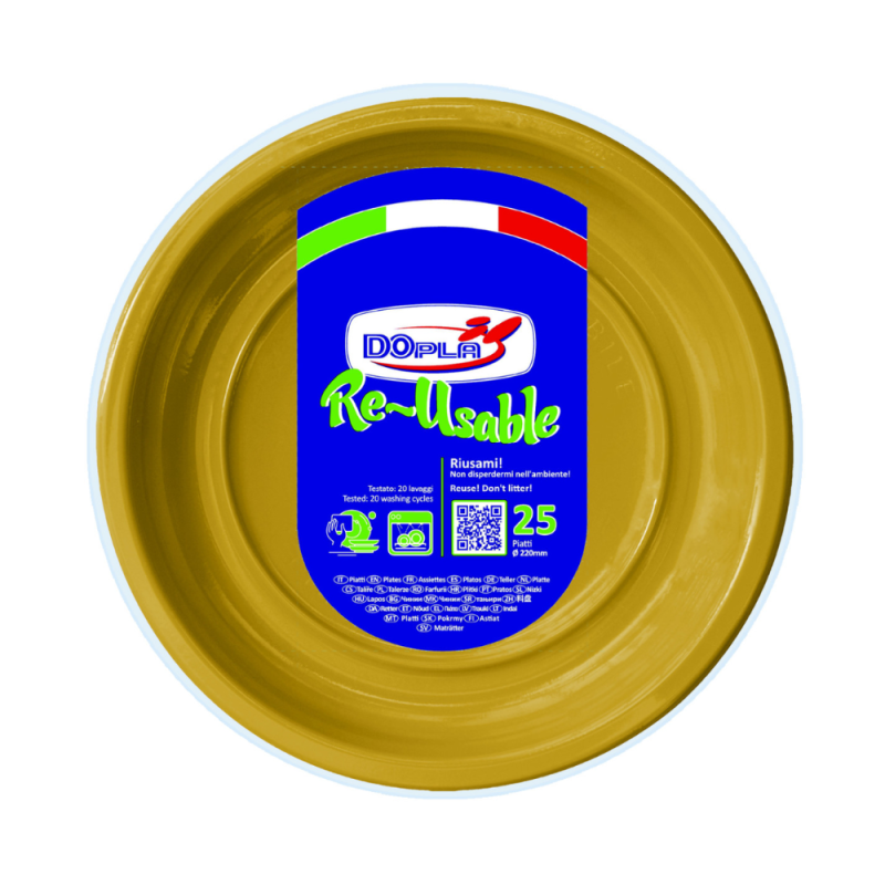 Piatti frutta in plastica colorati riutilizzabili oro (25 pezzi)