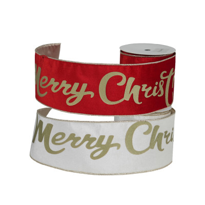 Nastro in Tessuto con Stampa Merry Christmas Oro