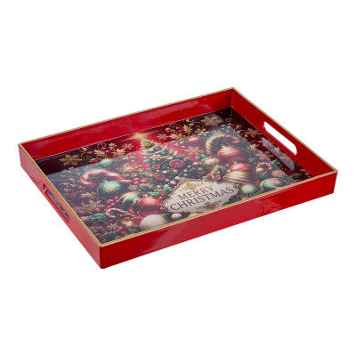 VASSOIO IN LEGNO ROSSO DECORATO MERRY CHRISTMAS