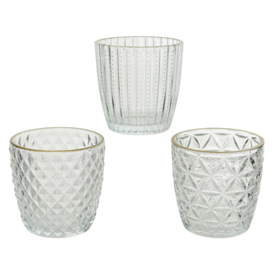 Porta Tealight In Vetro Trasparente Lavorato Bordo Oro | Ingrosso Candele