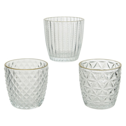 Porta Tealight In Vetro Trasparente Lavorato Bordo Oro | Ingrosso Candele