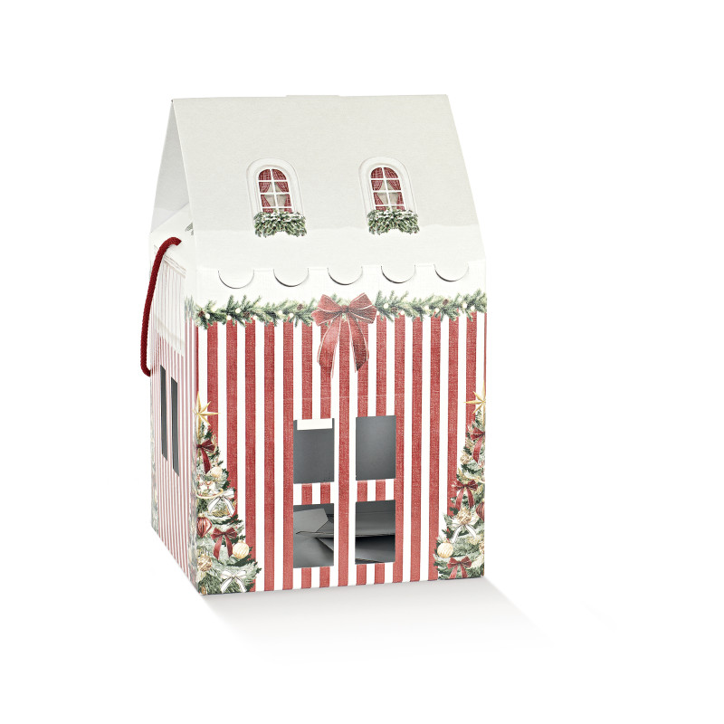 Portapanettone Casetta market rosso con Cordini. Incartare srl