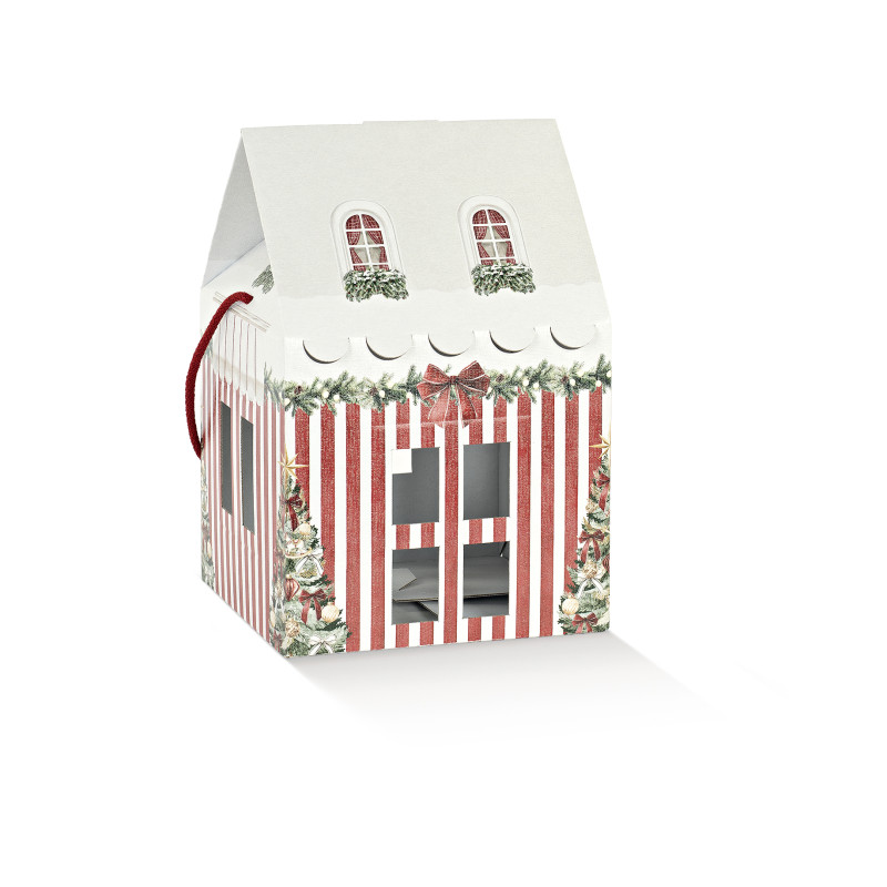 Portapanettone Casetta market rosso con Cordini. Incartare srl