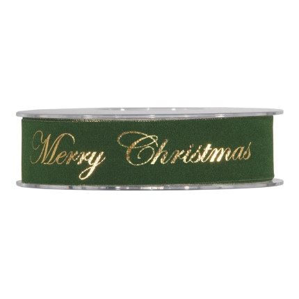 Nastro in velluto verde con scritta Merry Christmas in oro.